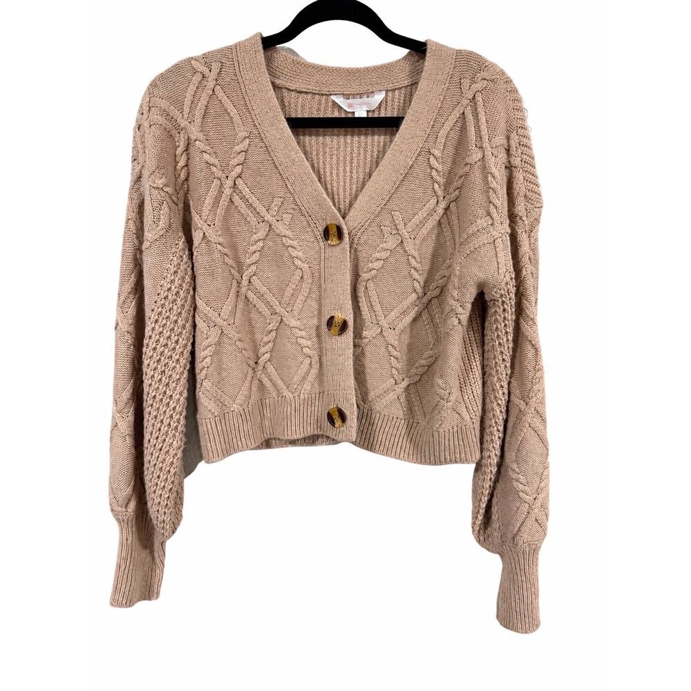 Cropped Cardigan Large Beige Neutral Cable‎ Knit Preppy Academia Boho Minimalist
